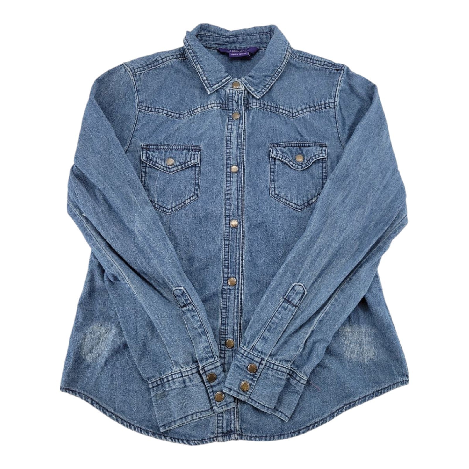 Miley Cyrus Max Azria Western Denim Shirt Snap Button Long Sleeve Distressed L