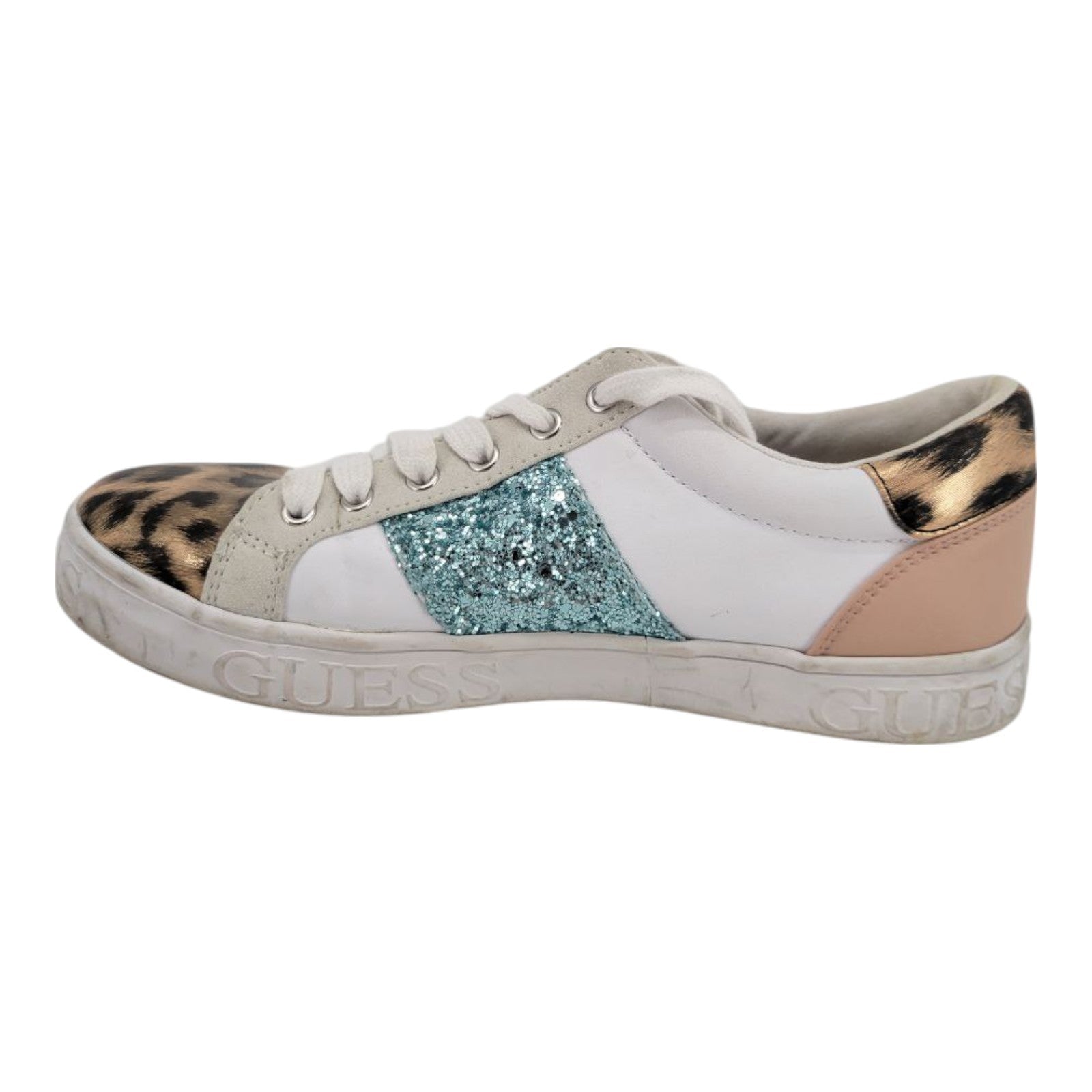 GUESS Glitter Leopard Print Sneakers ASTRAY3 White Blue Womens 8.5 M