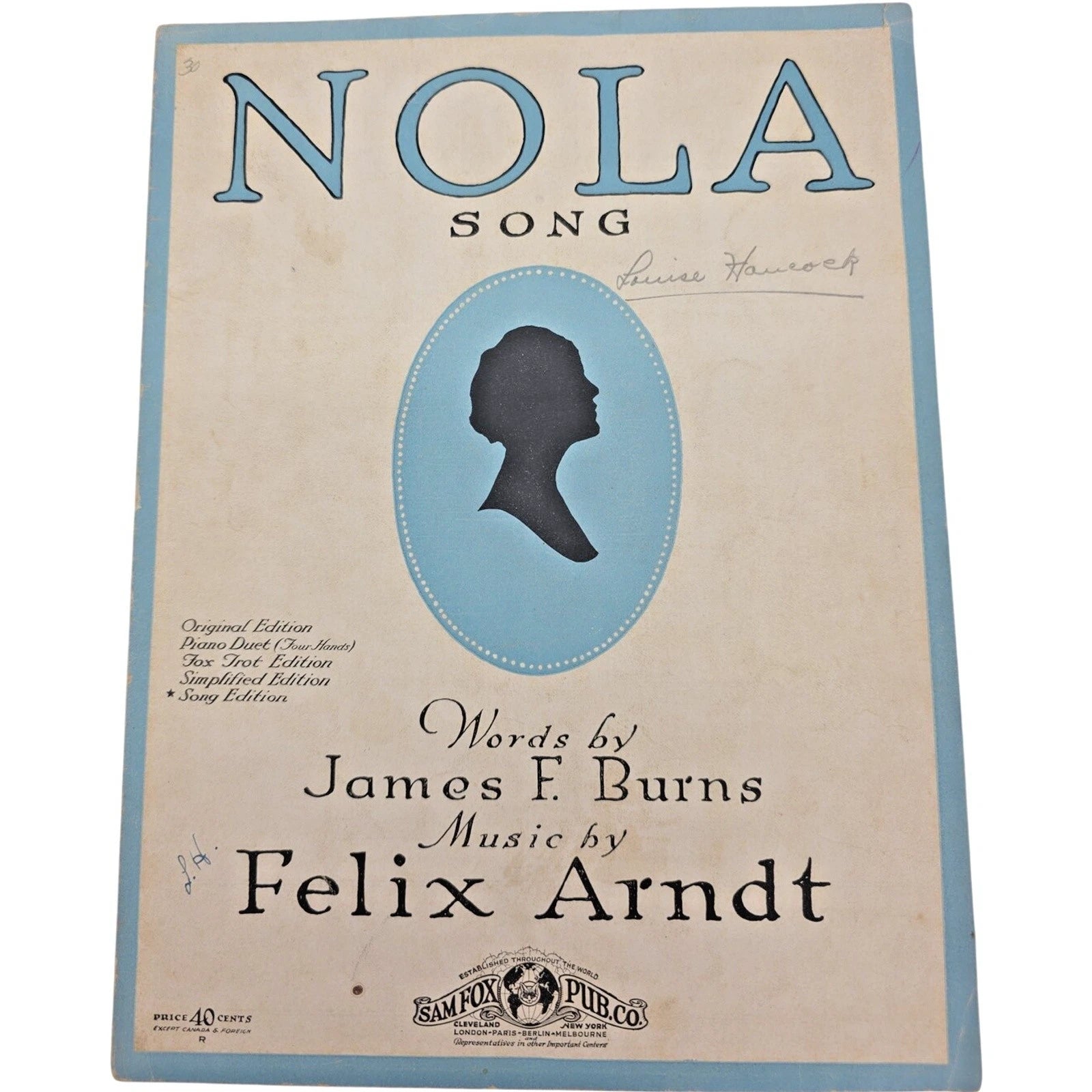 Vintage 1924 Nola Song Sheet Music by Felix Arndt and James F. Burns