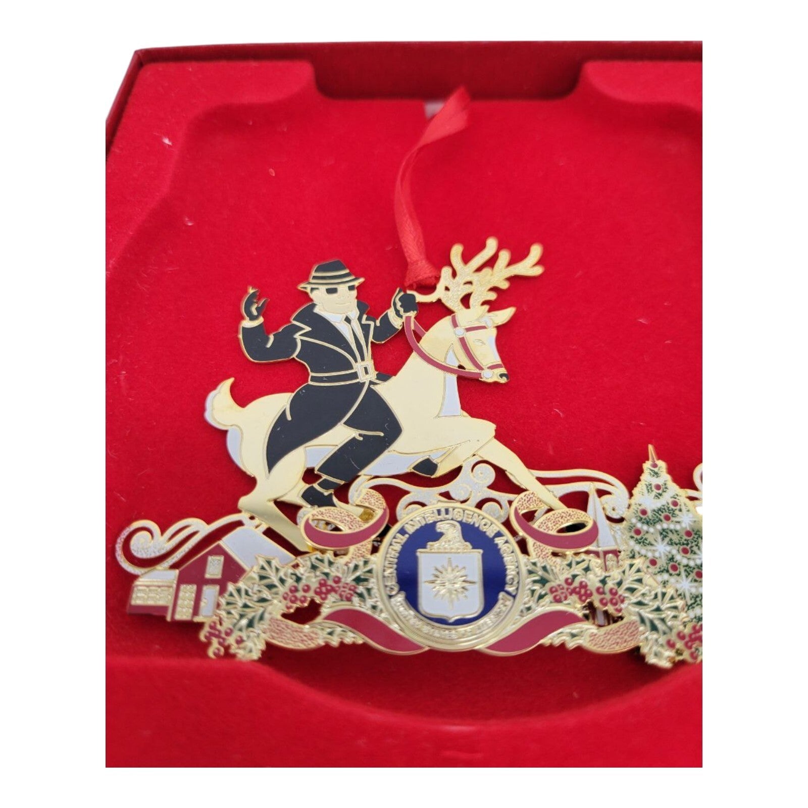 CIA Central Intelligence Agency Spy Guy Reindeer Christmas Ornament w/ Box Rare