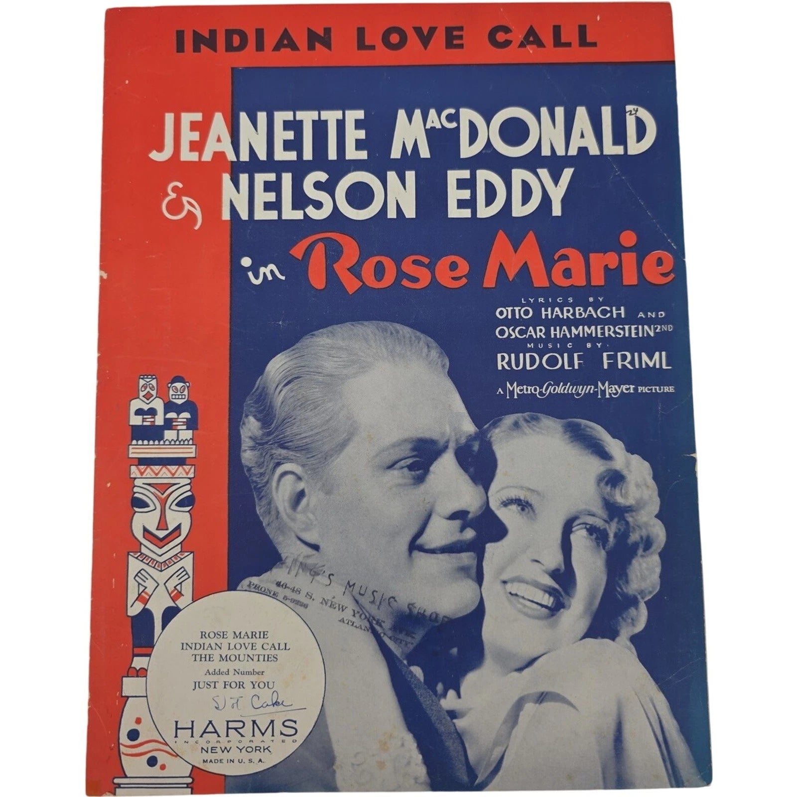 Indian Love Call 1924 Sheet Music from Rose Marie by Friml, Harbac & Hammerstein