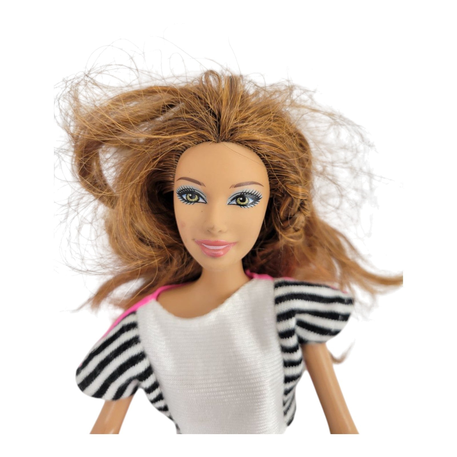 Barbie Doll Brunette Green Eyes Pink & Striped Top Black Shorts Outfit