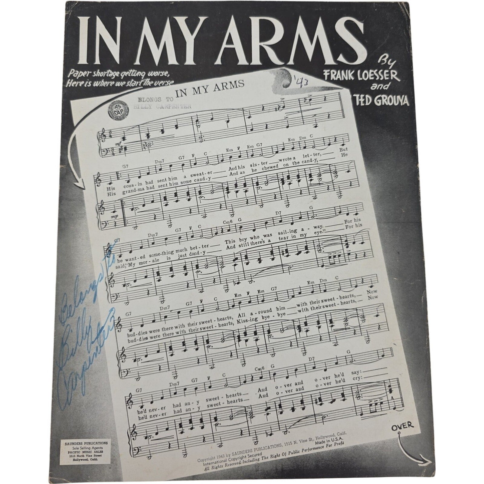 In My Arms 1943 Vintage Sheet Music by Frank Loesser & Ted Grouya
