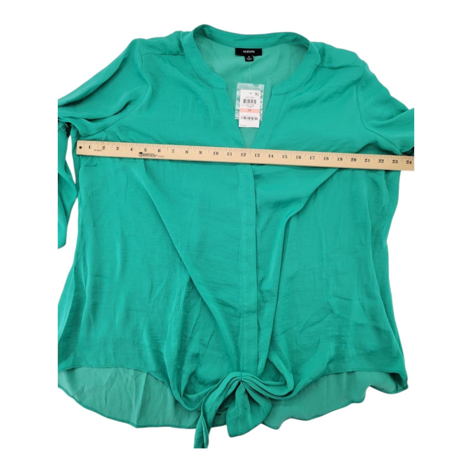 Alfani Plus Women's Green Tie Front Blouse Split Neck Bell Sleeve Top NWT 2X