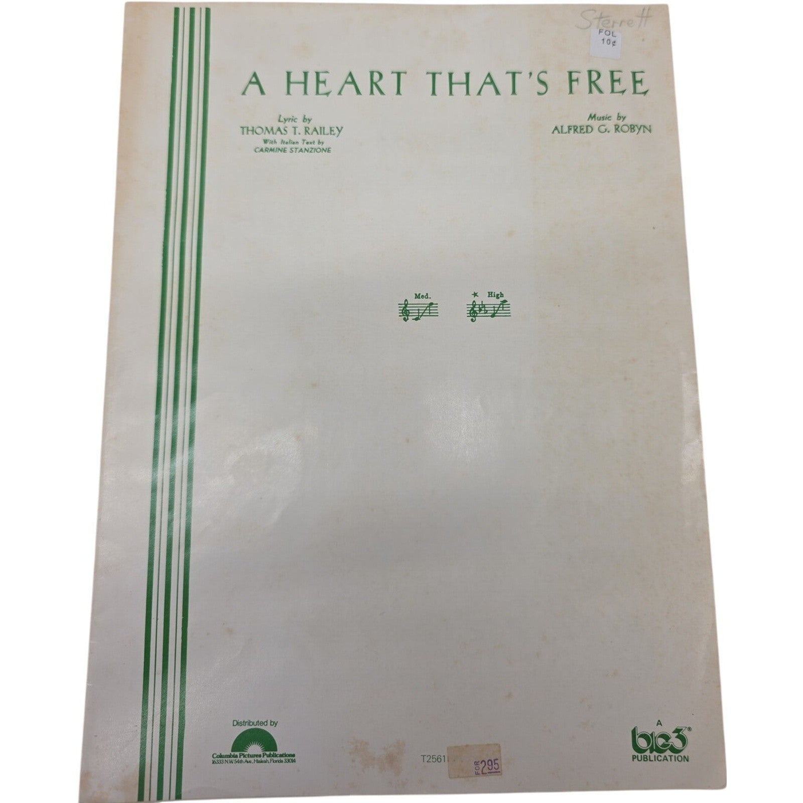 Vintage Sheet Music A Heart Thats Free Thomas T Bailey Alfred G Robyn Big 3 Pub