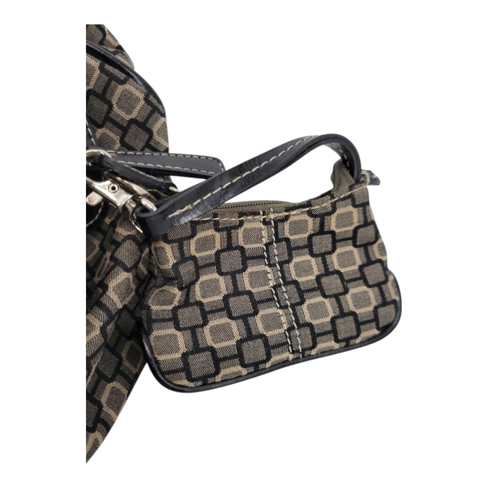 Nine West Black Brown Geometric Print Canvas Handbag Purse Leather Straps