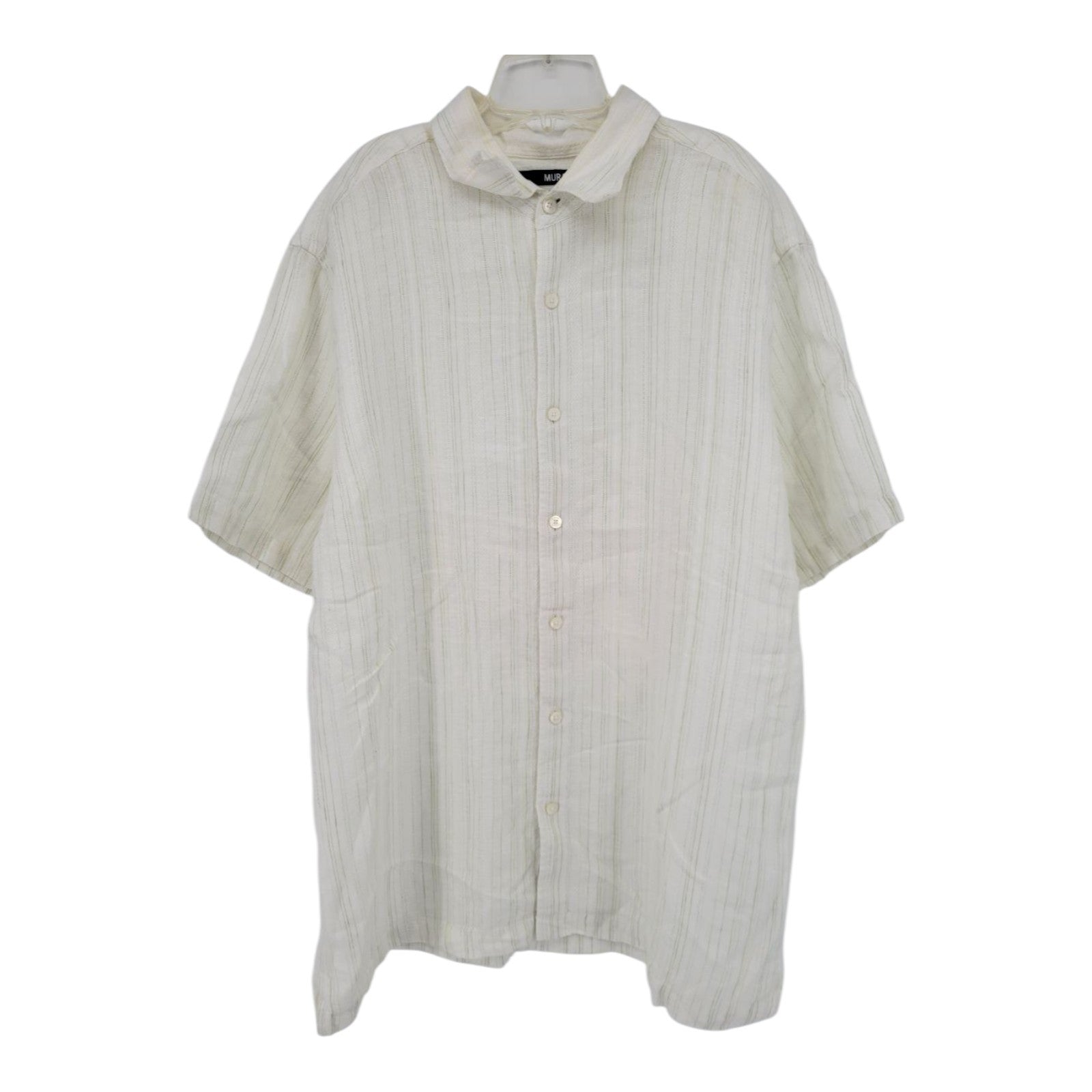 Murano Men's Linen Button Down Shirt Cream Beige Striped Short Sleeve L