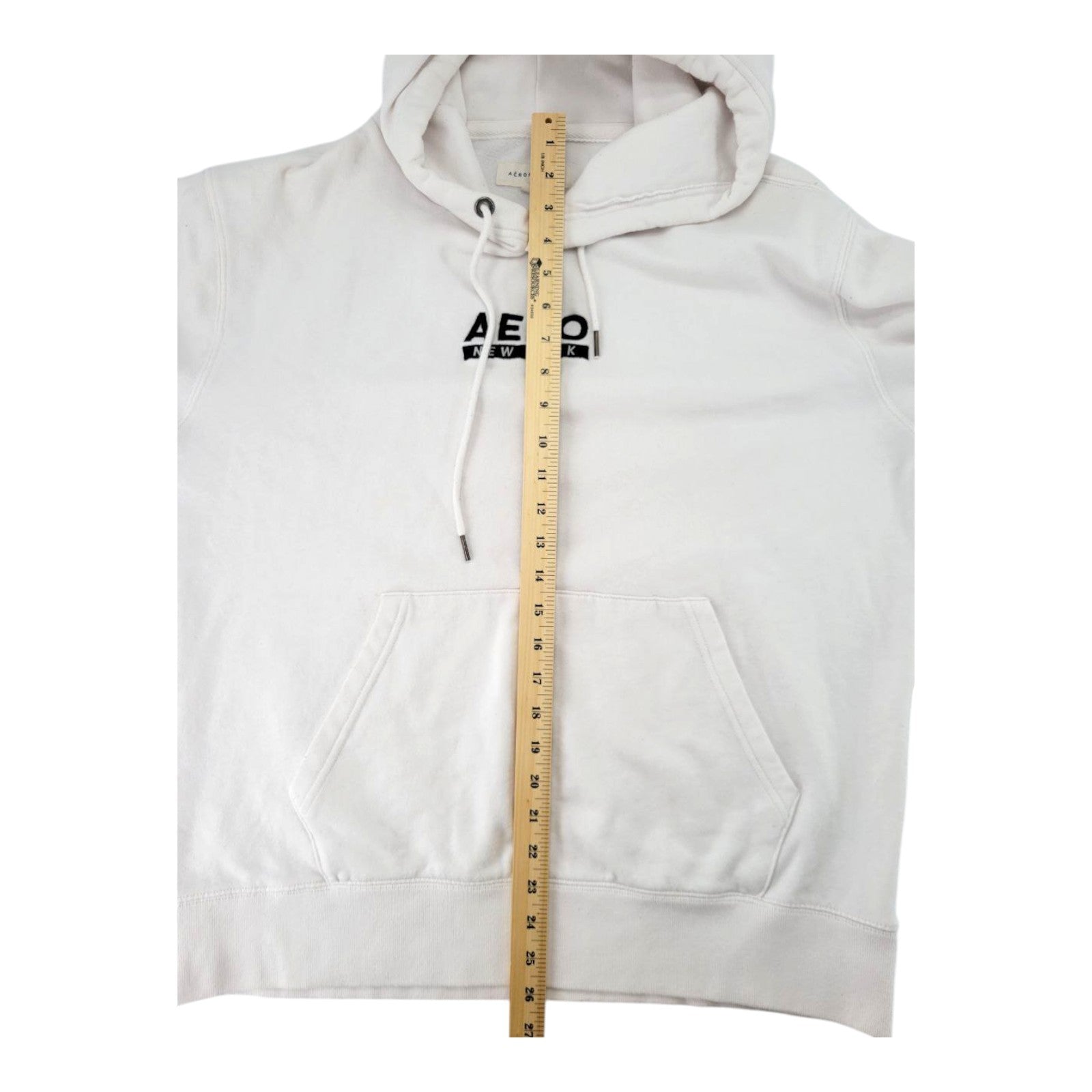 Aeropostale Aero New York White Hoodie Pullover Sweatshirt Kangaroo Pocket Large