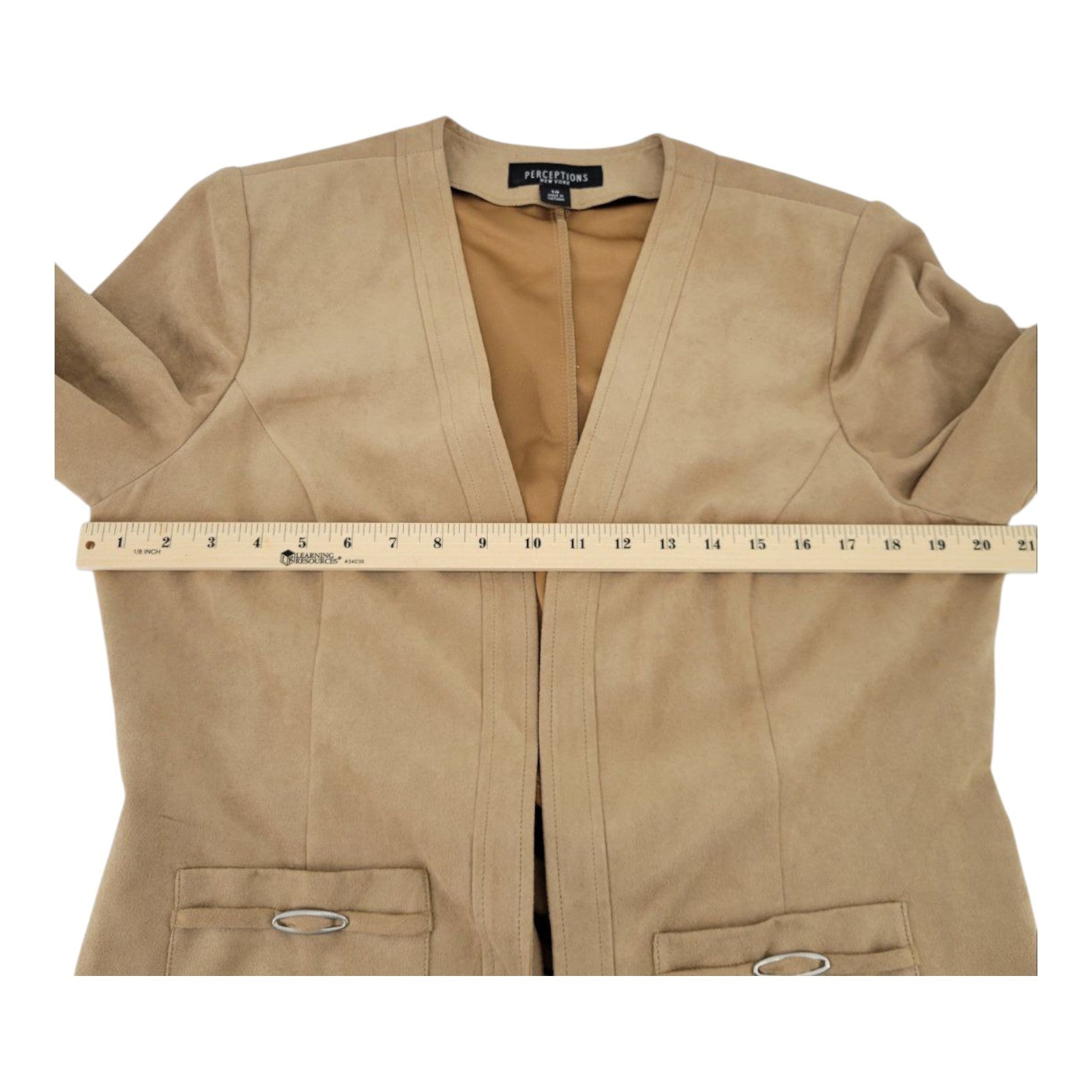 Perceptions New York Womens Camel Brown Faux Suede Open Front Blazer Size 14