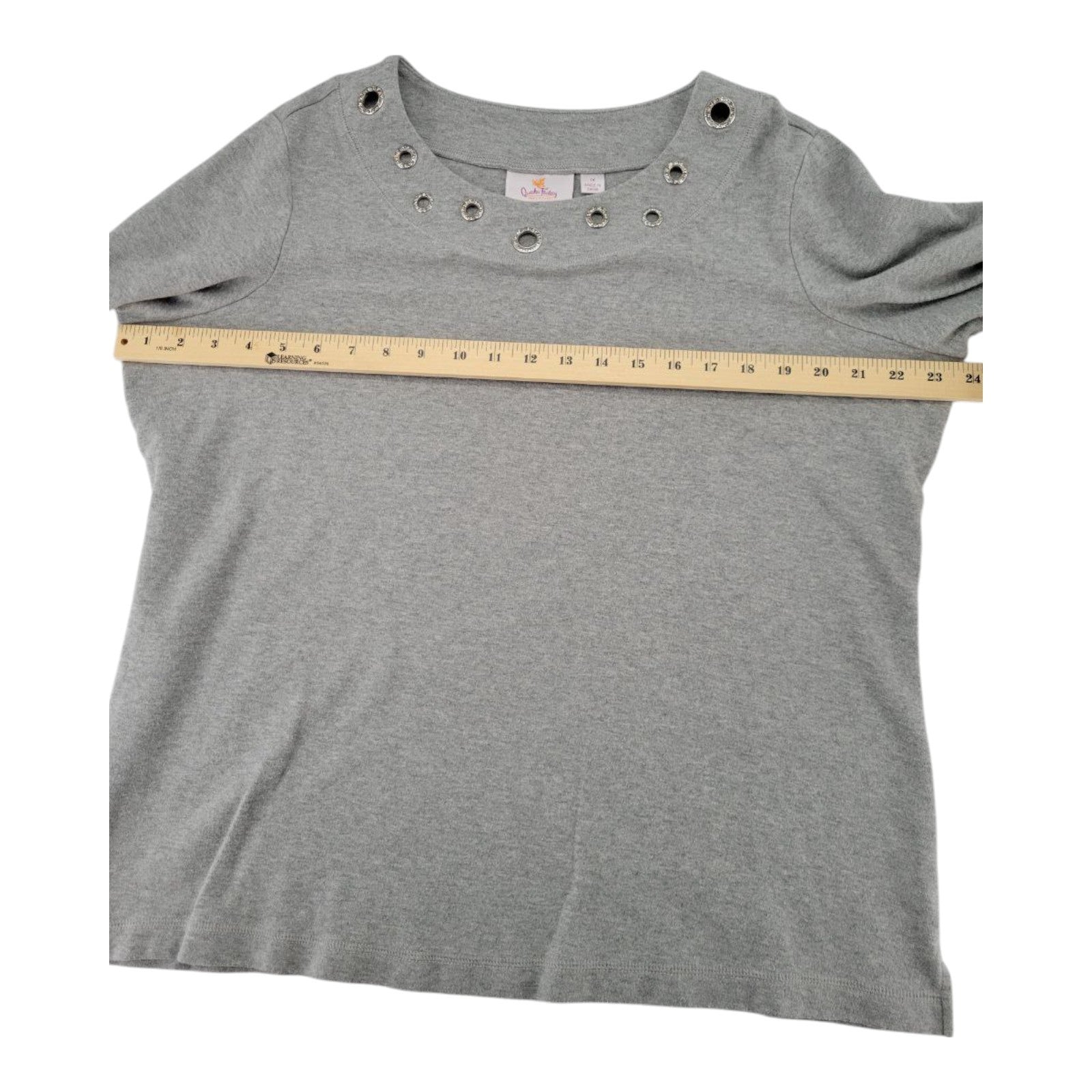 Quacker Factory Womens Gray Crystal Embellished Top 3/4 Sleeve Shirt 1X