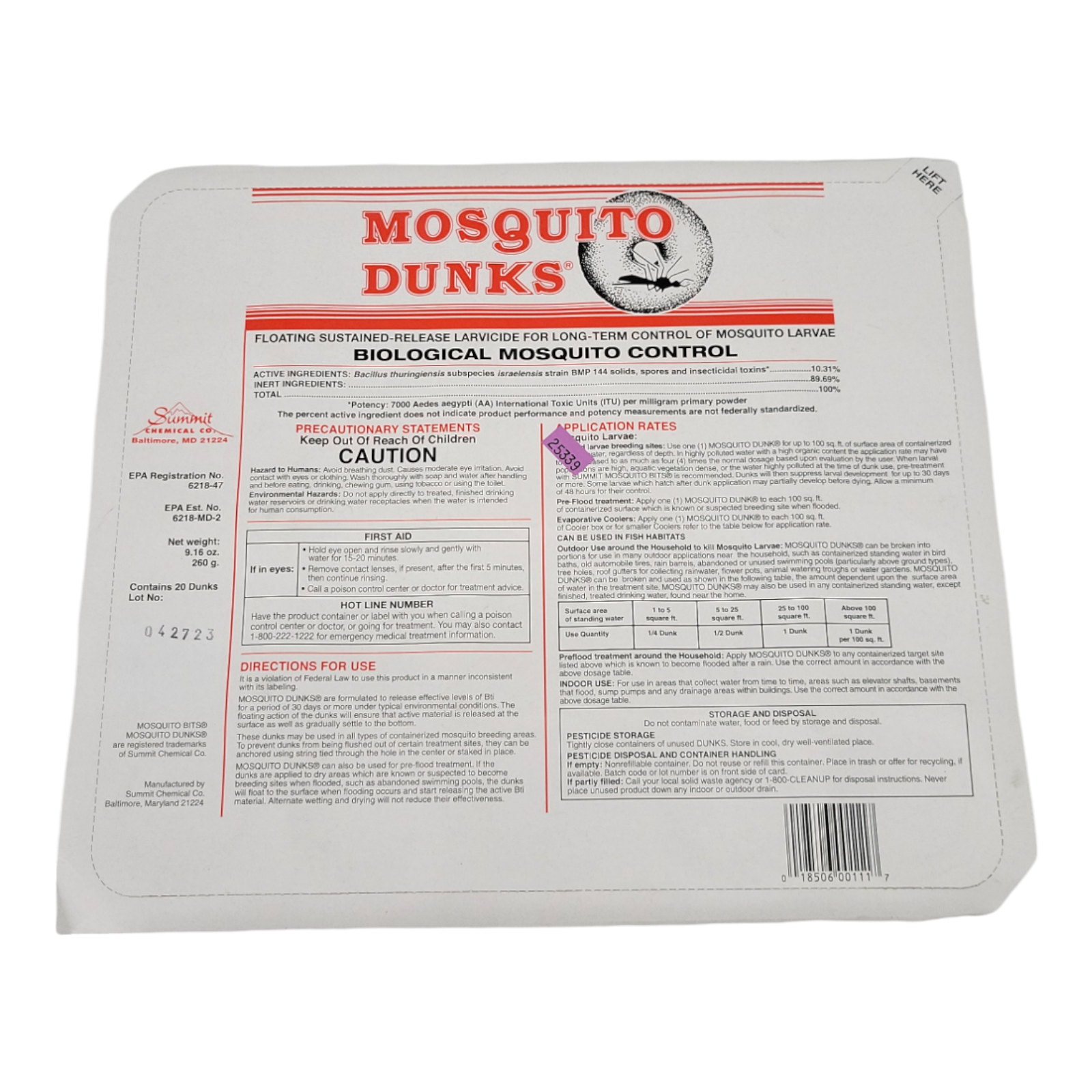 Summit Mosquito Dunks 20-Pack Long-Lasting BTI Kills Mosquitoes And Larvae