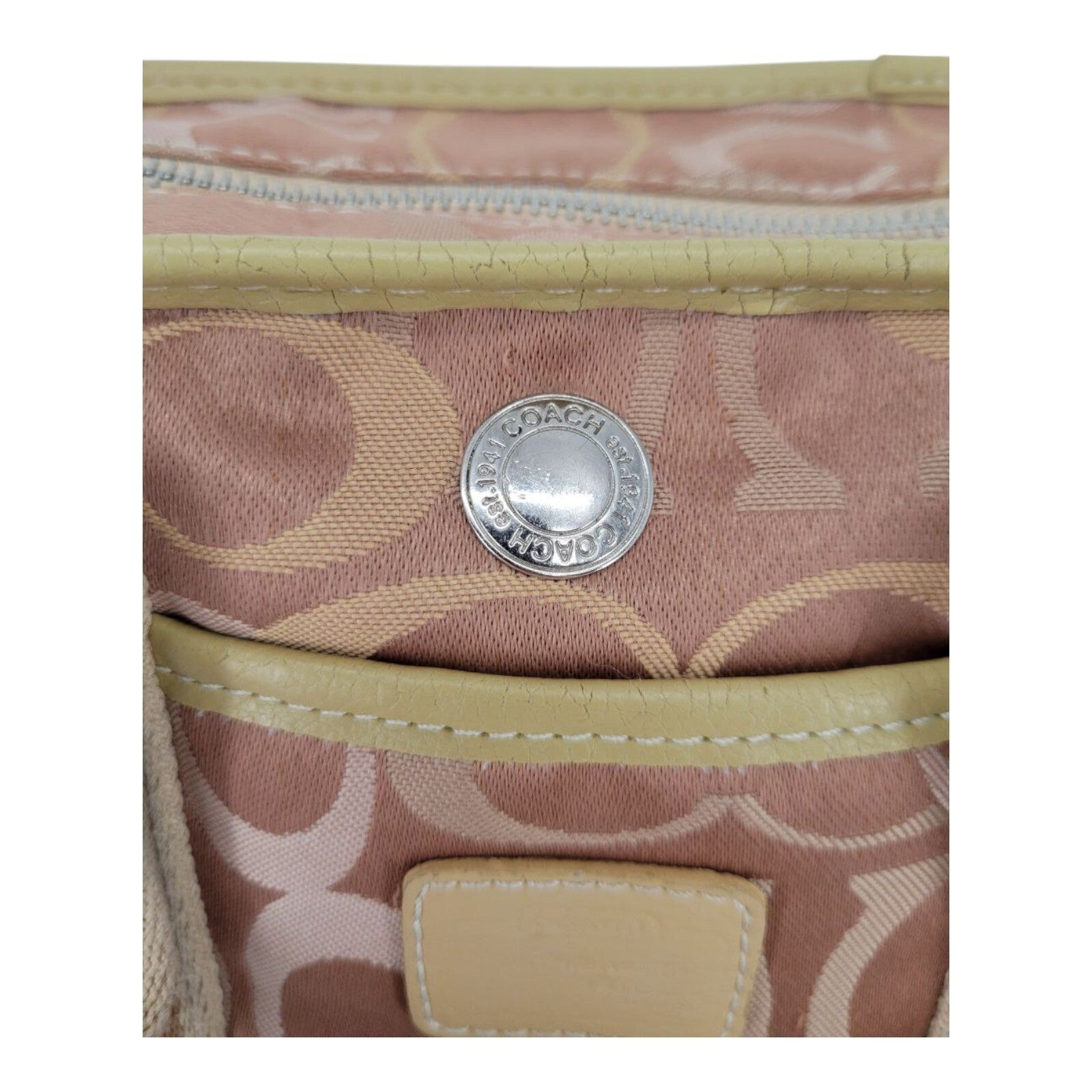 Coach Signature C Canvas Tote Bag Pink Tan Logo Print Zip Top G04M-6600