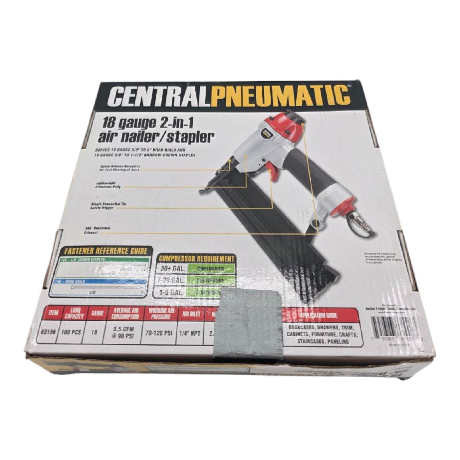 Central Pneumatic 18 Gauge 2 in 1 Air Nailer Stapler Model 63156 w/ Box & Manual