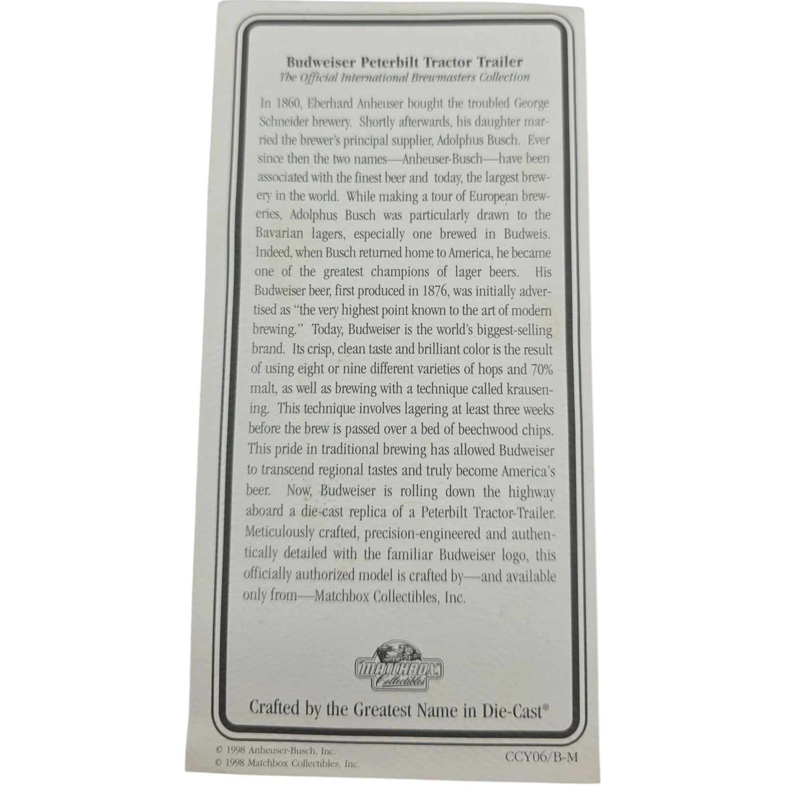 Matchbox Collectibles Budweiser Peterbilt Tractor Trailer Die-Cast with COA 1998