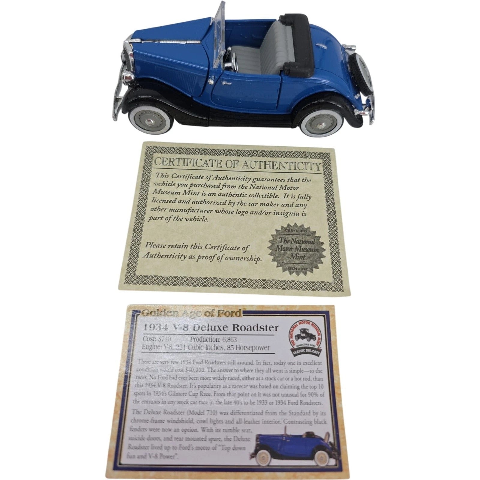 1934 Blue V8 Ford V8 Deluxe Roadster Diecast National Motor Museum Mint